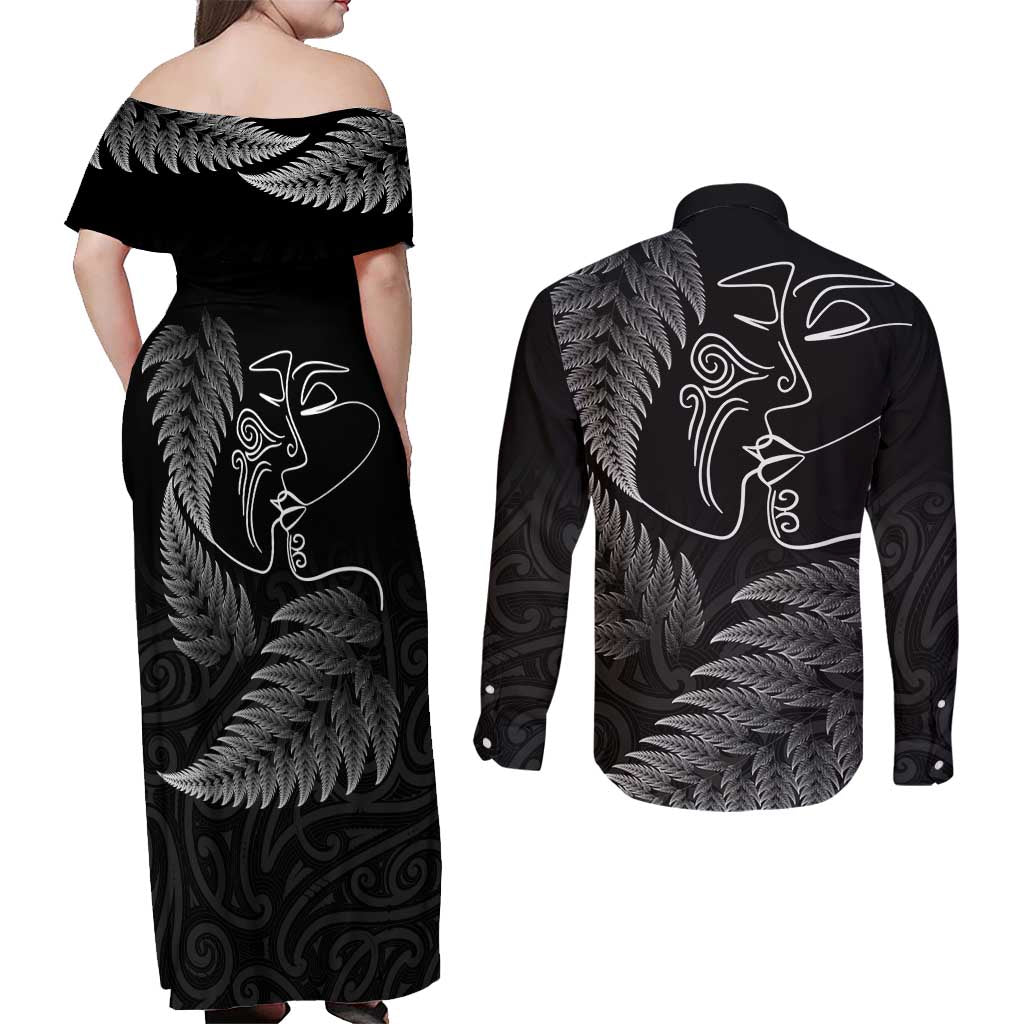 New Zealand Valentine's Day Couples Matching Off Shoulder Maxi Dress and Long Sleeve Button Shirt Silver Fern and Line Art Love Couple LT03 - Polynesian Pride