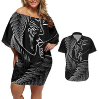 New Zealand Valentine's Day Couples Matching Off Shoulder Short Dress and Hawaiian Shirt Silver Fern and Line Art Love Couple LT03 Black - Polynesian Pride