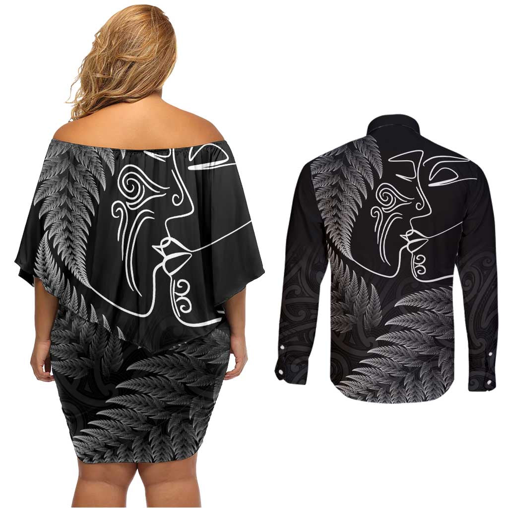 New Zealand Valentine's Day Couples Matching Off Shoulder Short Dress and Long Sleeve Button Shirt Silver Fern and Line Art Love Couple LT03 - Polynesian Pride