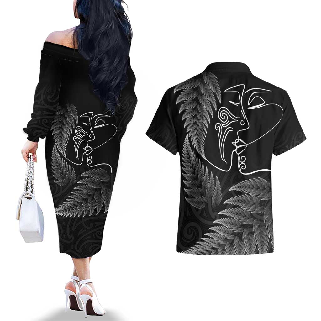 New Zealand Valentine's Day Couples Matching Off The Shoulder Long Sleeve Dress and Hawaiian Shirt Silver Fern and Line Art Love Couple LT03 - Polynesian Pride