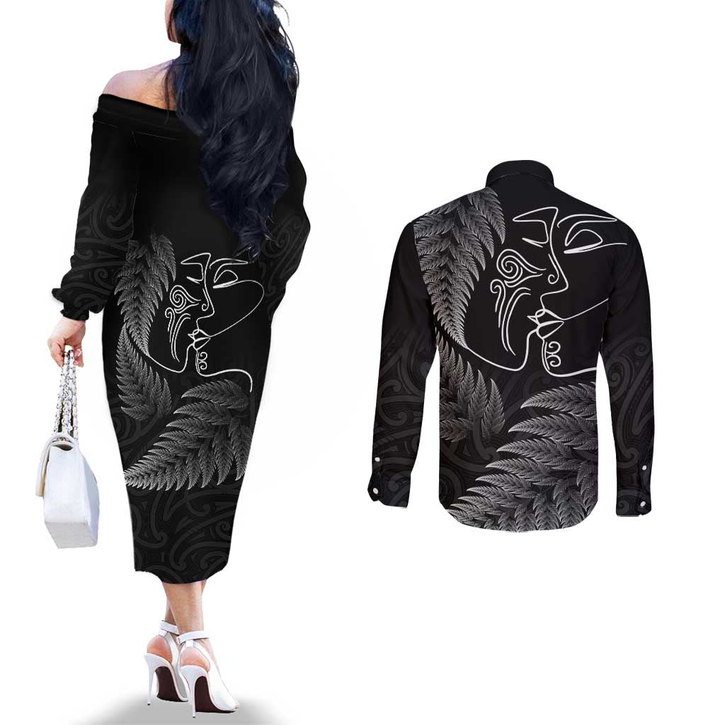 New Zealand Valentine's Day Couples Matching Off The Shoulder Long Sleeve Dress and Long Sleeve Button Shirt Silver Fern and Line Art Love Couple LT03 - Polynesian Pride