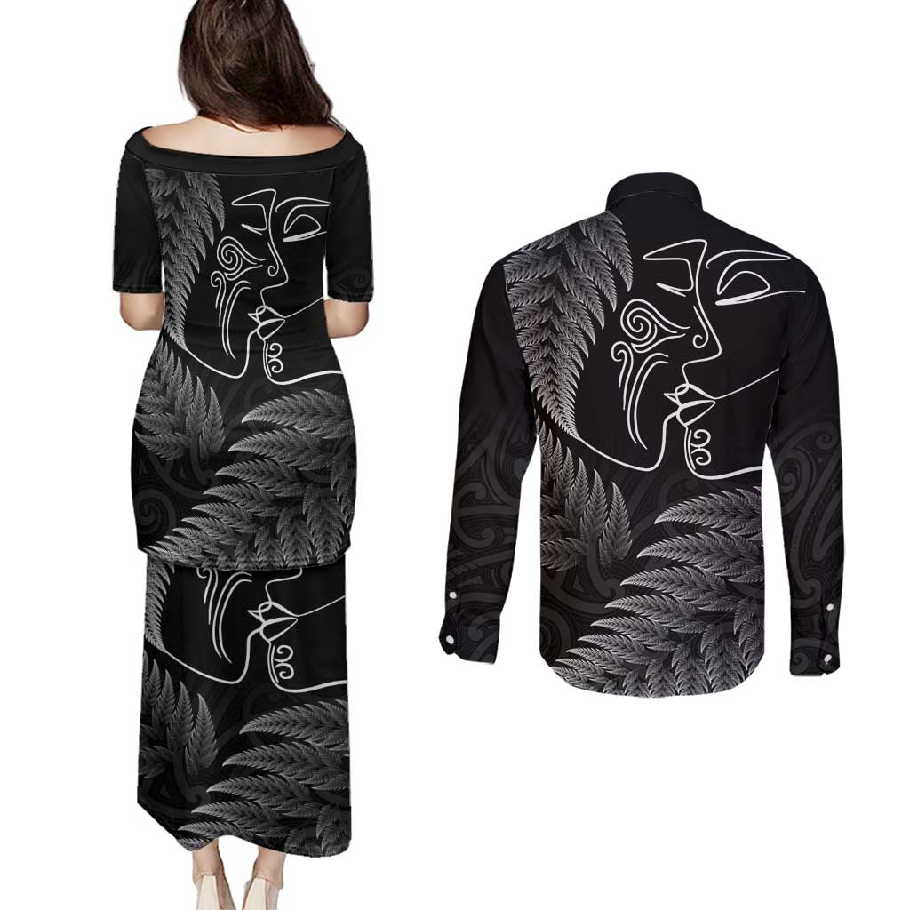 New Zealand Valentine's Day Couples Matching Puletasi and Long Sleeve Button Shirt Silver Fern and Line Art Love Couple LT03 - Polynesian Pride