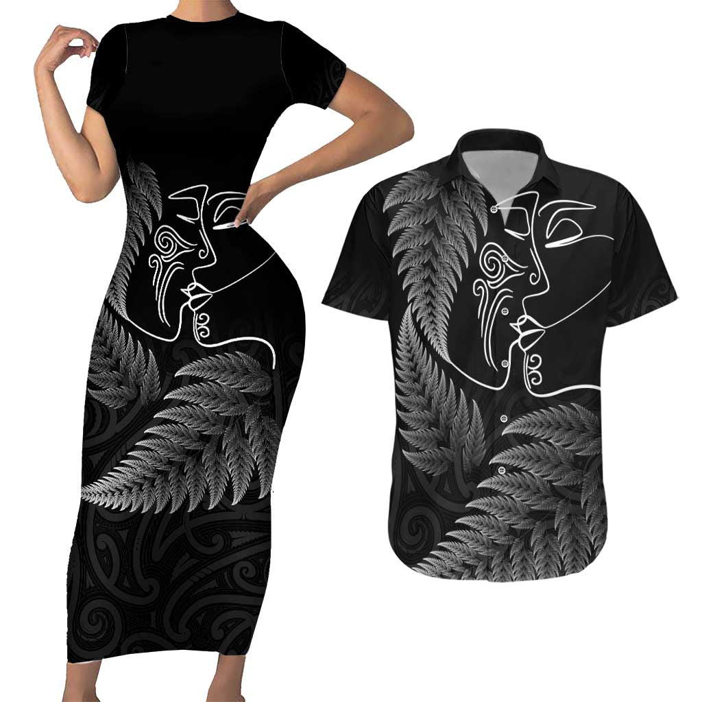 New Zealand Valentine's Day Couples Matching Short Sleeve Bodycon Dress and Hawaiian Shirt Silver Fern and Line Art Love Couple LT03 Black - Polynesian Pride