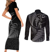 New Zealand Valentine's Day Couples Matching Short Sleeve Bodycon Dress and Long Sleeve Button Shirt Silver Fern and Line Art Love Couple LT03 - Polynesian Pride