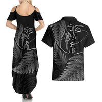 New Zealand Valentine's Day Couples Matching Summer Maxi Dress and Hawaiian Shirt Silver Fern and Line Art Love Couple LT03 - Polynesian Pride