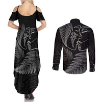 New Zealand Valentine's Day Couples Matching Summer Maxi Dress and Long Sleeve Button Shirt Silver Fern and Line Art Love Couple LT03 - Polynesian Pride