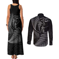 New Zealand Valentine's Day Couples Matching Tank Maxi Dress and Long Sleeve Button Shirt Silver Fern and Line Art Love Couple LT03 - Polynesian Pride