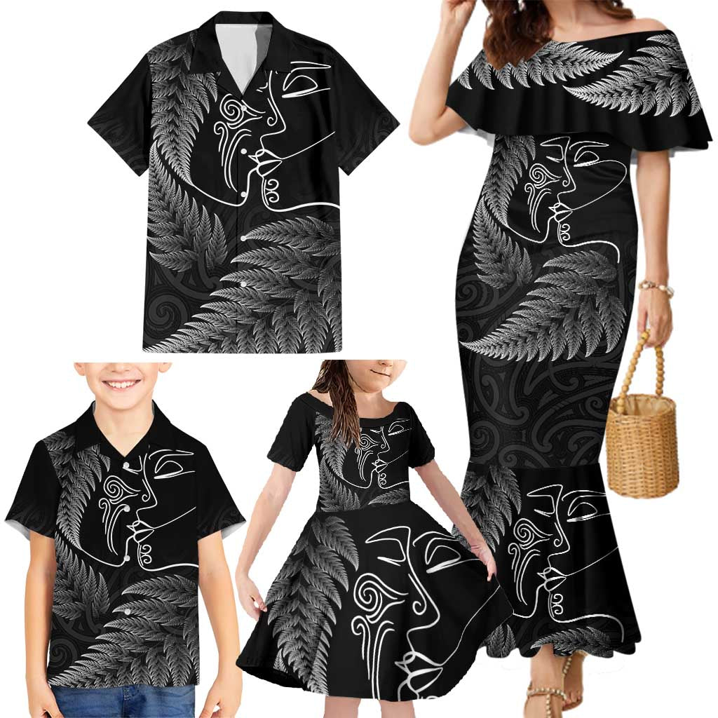 New Zealand Valentine's Day Family Matching Mermaid Dress and Hawaiian Shirt Silver Fern and Line Art Love Couple LT03 - Polynesian Pride