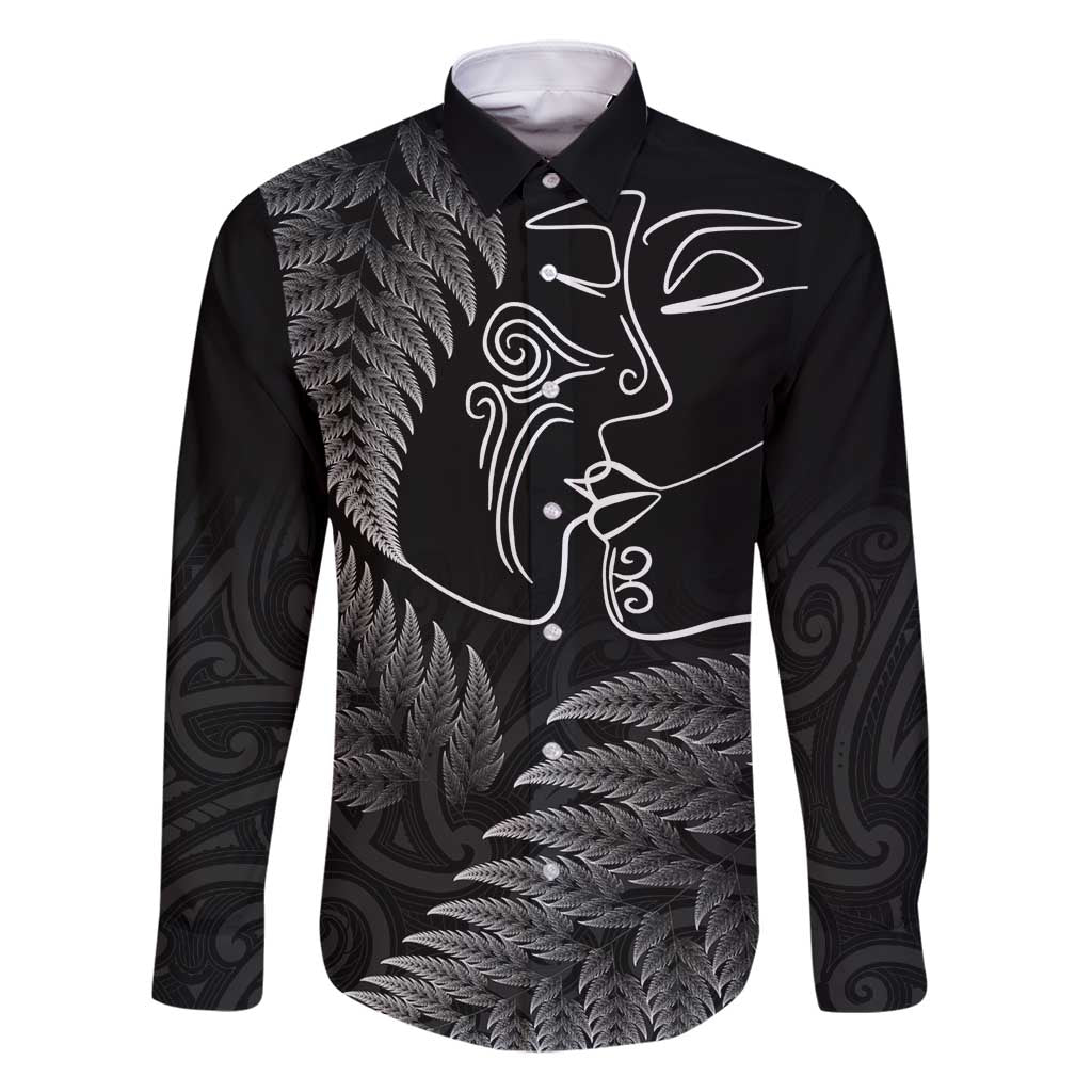 New Zealand Valentine's Day Family Matching Mermaid Dress and Hawaiian Shirt Silver Fern and Line Art Love Couple LT03 Dad's Shirt - Long Sleeve Black - Polynesian Pride