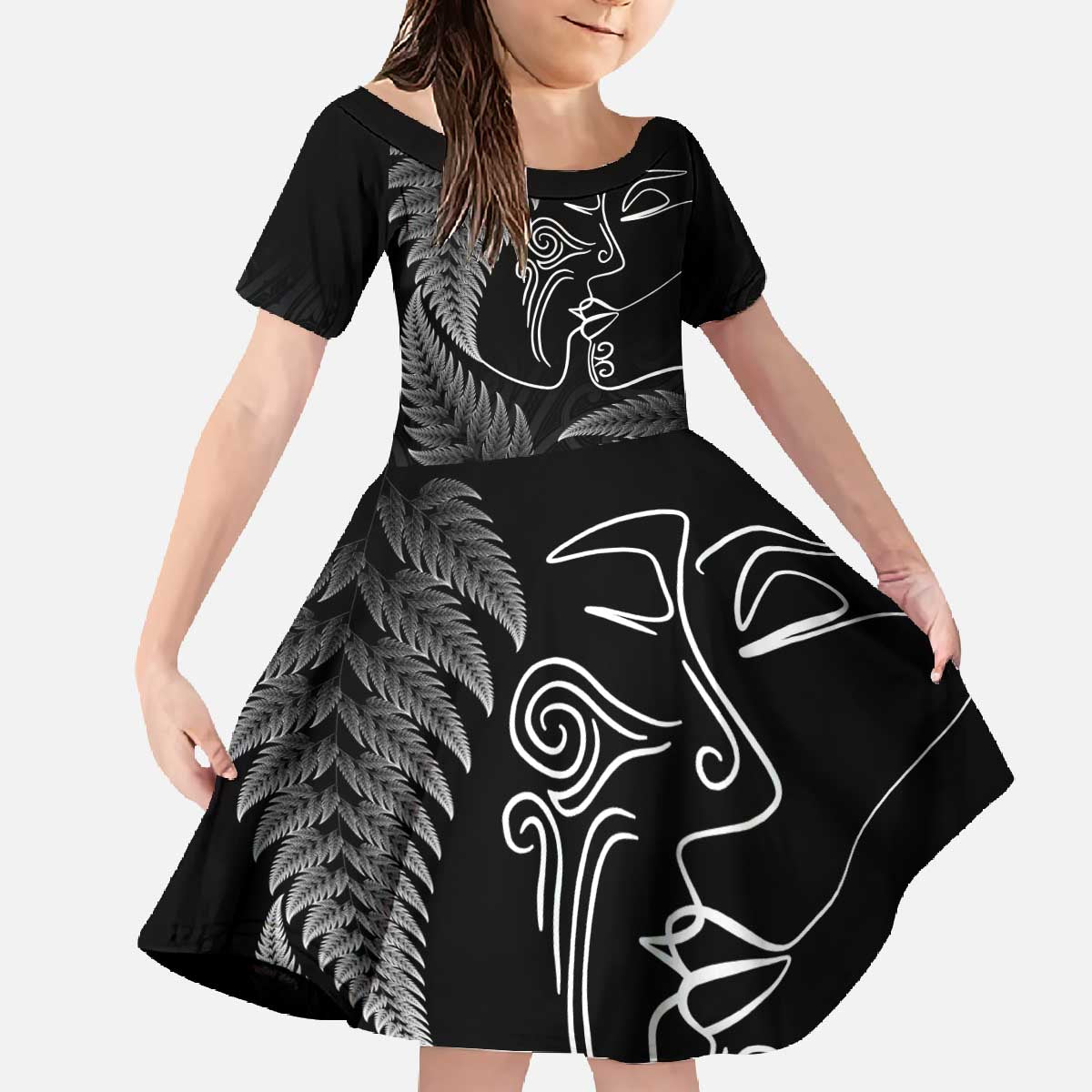 New Zealand Valentine's Day Family Matching Off The Shoulder Long Sleeve Dress and Hawaiian Shirt Silver Fern and Line Art Love Couple LT03 Daughter's Dress Black - Polynesian Pride