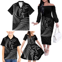 New Zealand Valentine's Day Family Matching Off The Shoulder Long Sleeve Dress and Hawaiian Shirt Silver Fern and Line Art Love Couple LT03 - Polynesian Pride