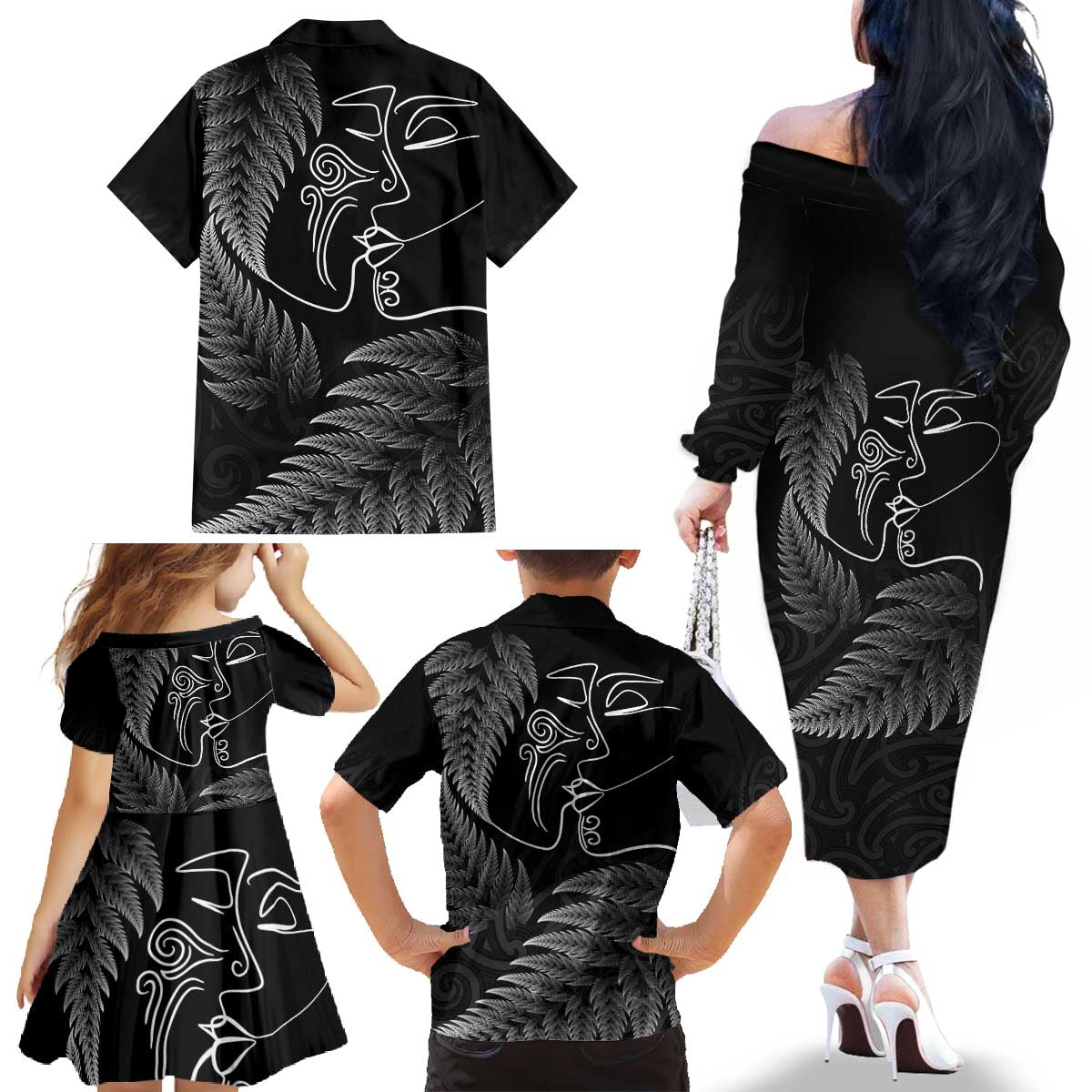 New Zealand Valentine's Day Family Matching Off The Shoulder Long Sleeve Dress and Hawaiian Shirt Silver Fern and Line Art Love Couple LT03 - Polynesian Pride