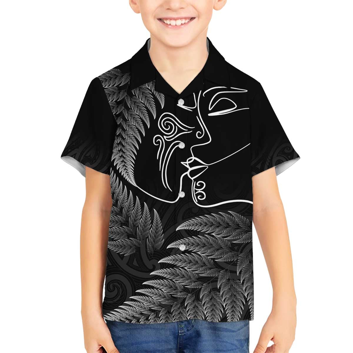 New Zealand Valentine's Day Family Matching Off The Shoulder Long Sleeve Dress and Hawaiian Shirt Silver Fern and Line Art Love Couple LT03 Son's Shirt Black - Polynesian Pride