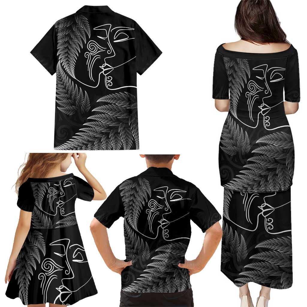 New Zealand Valentine's Day Family Matching Puletasi and Hawaiian Shirt Silver Fern and Line Art Love Couple LT03 - Polynesian Pride