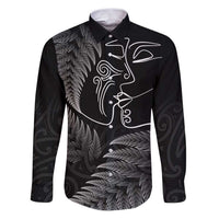 New Zealand Valentine's Day Family Matching Puletasi and Hawaiian Shirt Silver Fern and Line Art Love Couple LT03 Dad's Shirt - Long Sleeve Black - Polynesian Pride