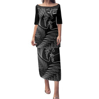 New Zealand Valentine's Day Family Matching Puletasi and Hawaiian Shirt Silver Fern and Line Art Love Couple LT03 Mom's Dress Black - Polynesian Pride