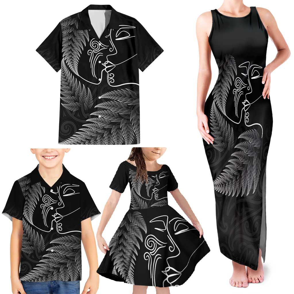 New Zealand Valentine's Day Family Matching Tank Maxi Dress and Hawaiian Shirt Silver Fern and Line Art Love Couple LT03 - Polynesian Pride