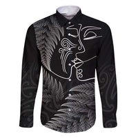 New Zealand Valentine's Day Family Matching Tank Maxi Dress and Hawaiian Shirt Silver Fern and Line Art Love Couple LT03 Dad's Shirt - Long Sleeve Black - Polynesian Pride