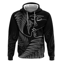 New Zealand Valentine's Day Hoodie Silver Fern and Line Art Love Couple LT03 Pullover Hoodie Black - Polynesian Pride