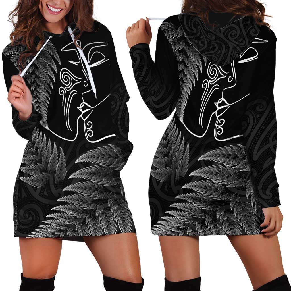 New Zealand Valentine's Day Hoodie Dress Silver Fern and Line Art Love Couple