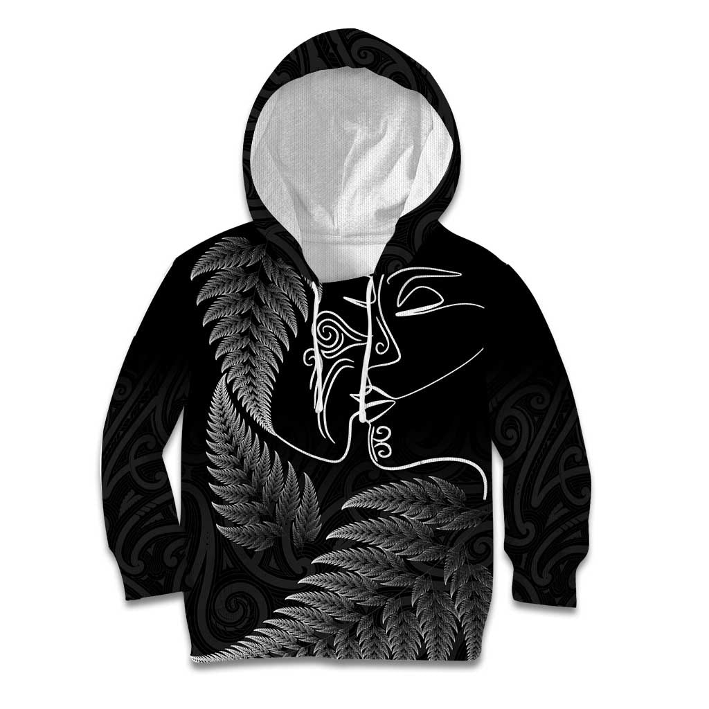New Zealand Valentine's Day Kid Hoodie Silver Fern and Line Art Love Couple LT03 Hoodie Black - Polynesian Pride
