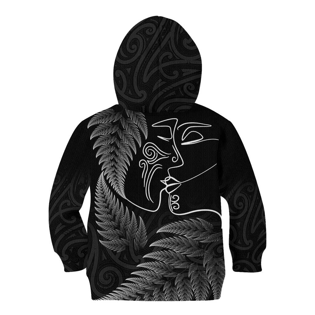 New Zealand Valentine's Day Kid Hoodie Silver Fern and Line Art Love Couple LT03 - Polynesian Pride
