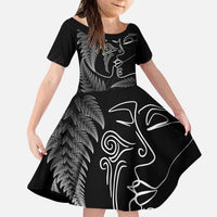New Zealand Valentine's Day Kid Short Sleeve Dress Silver Fern and Line Art Love Couple LT03 KID Black - Polynesian Pride