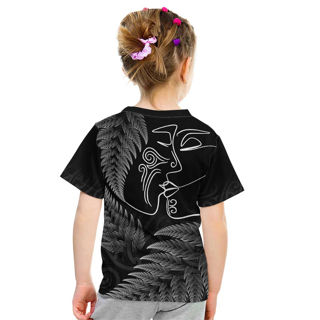 New Zealand Valentine's Day Kid T Shirt Silver Fern and Line Art Love Couple LT03 - Polynesian Pride