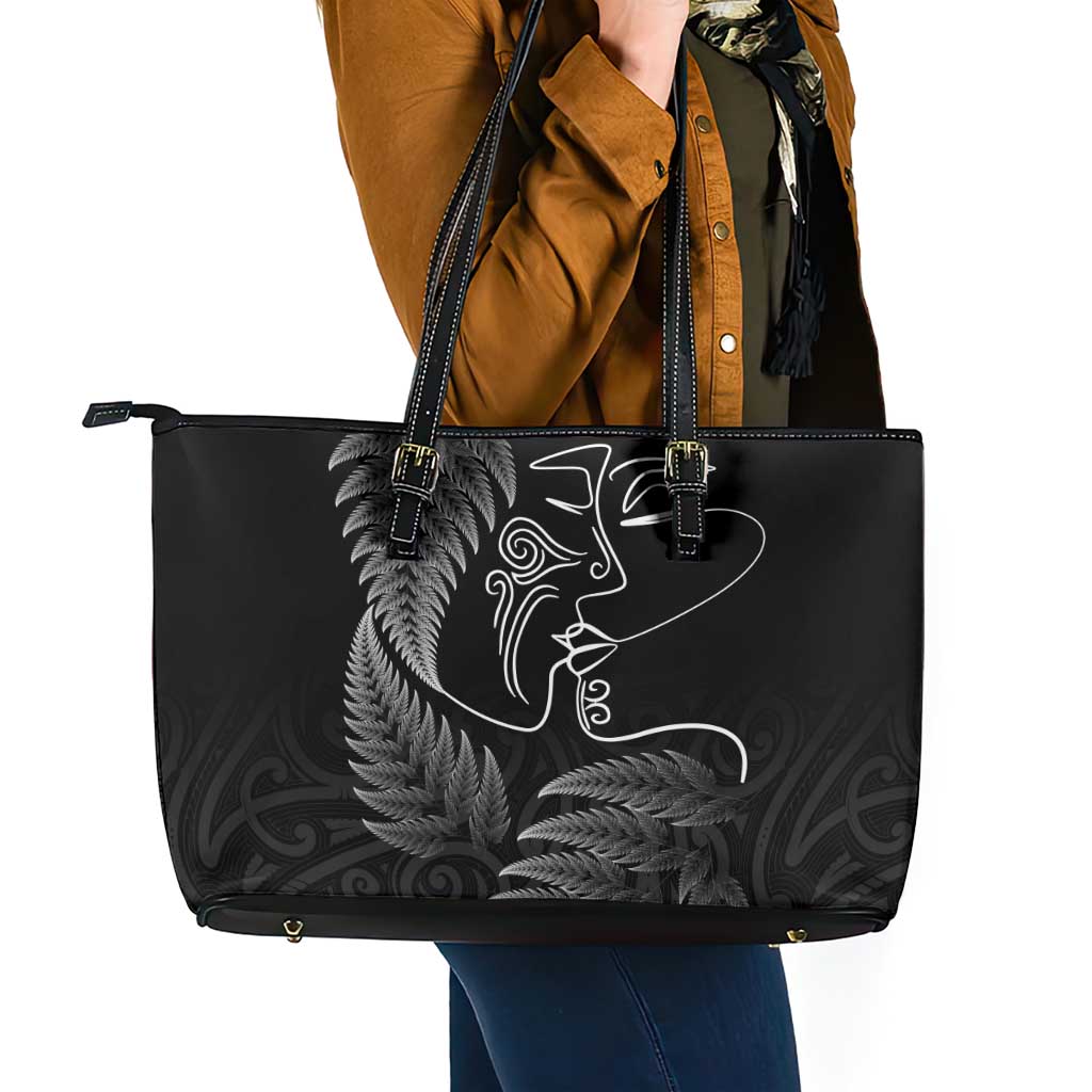 New Zealand Valentine's Day Leather Tote Bag Silver Fern and Line Art Love Couple LT03 - Polynesian Pride