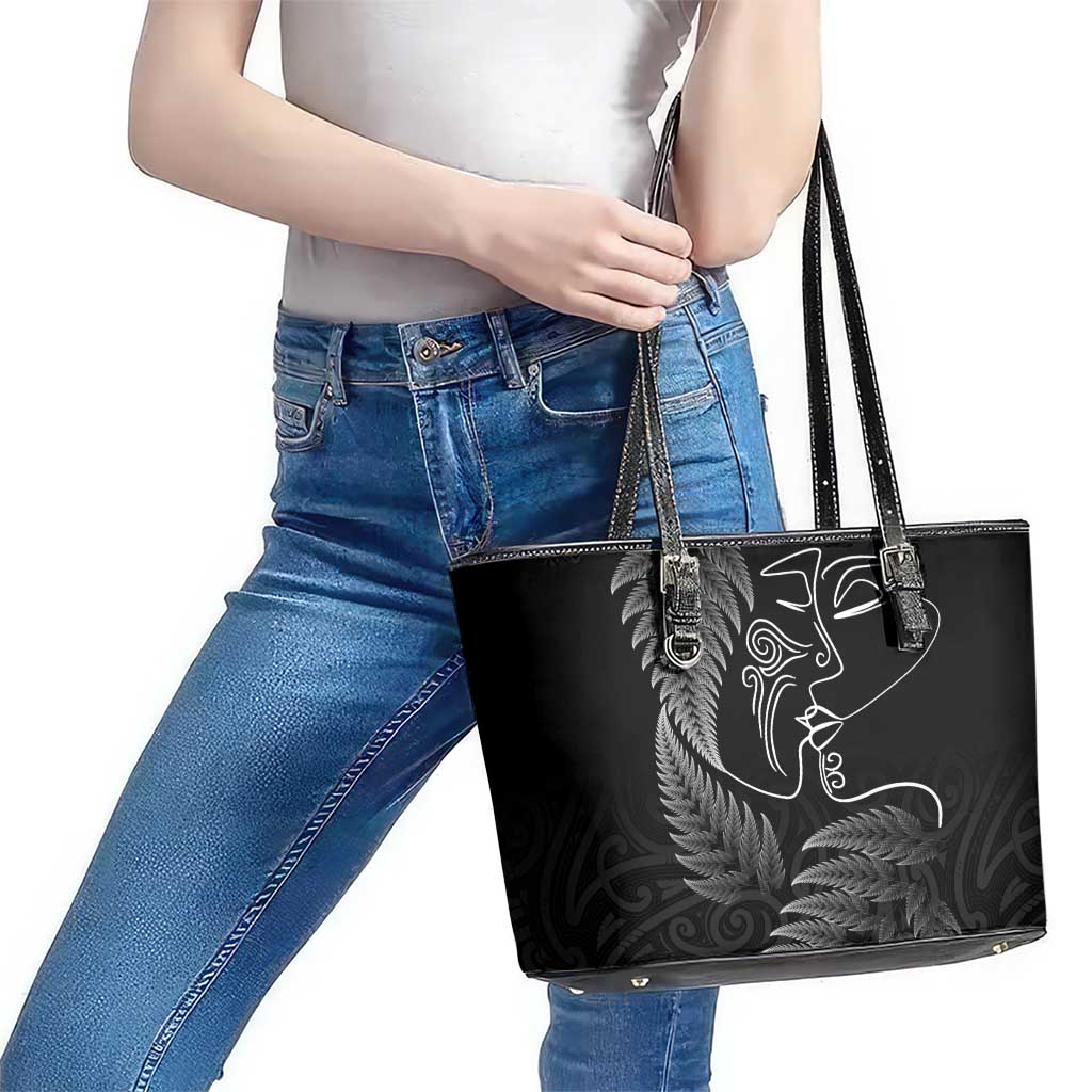 New Zealand Valentine's Day Leather Tote Bag Silver Fern and Line Art Love Couple LT03 - Polynesian Pride
