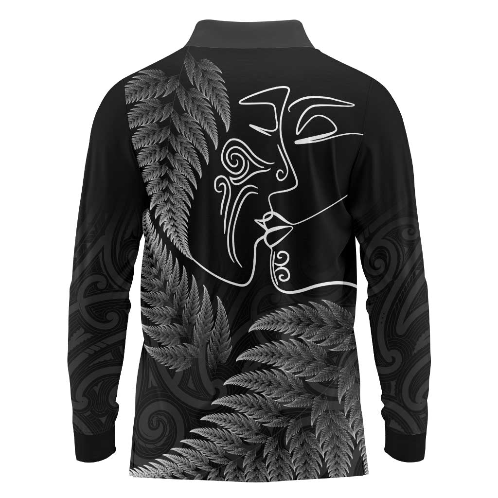 New Zealand Valentine's Day Long Sleeve Polo Shirt Silver Fern and Line Art Love Couple