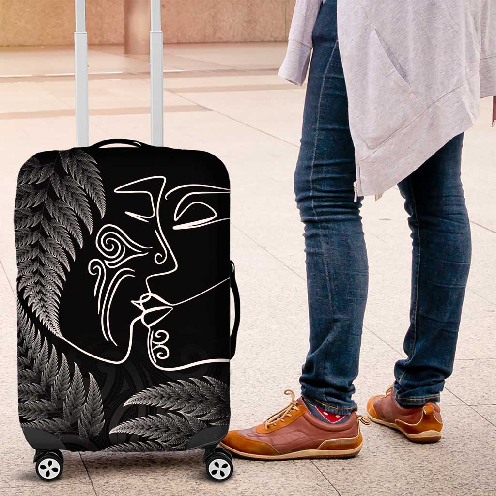 New Zealand Valentine's Day Luggage Cover Silver Fern and Line Art Love Couple LT03 Black - Polynesian Pride