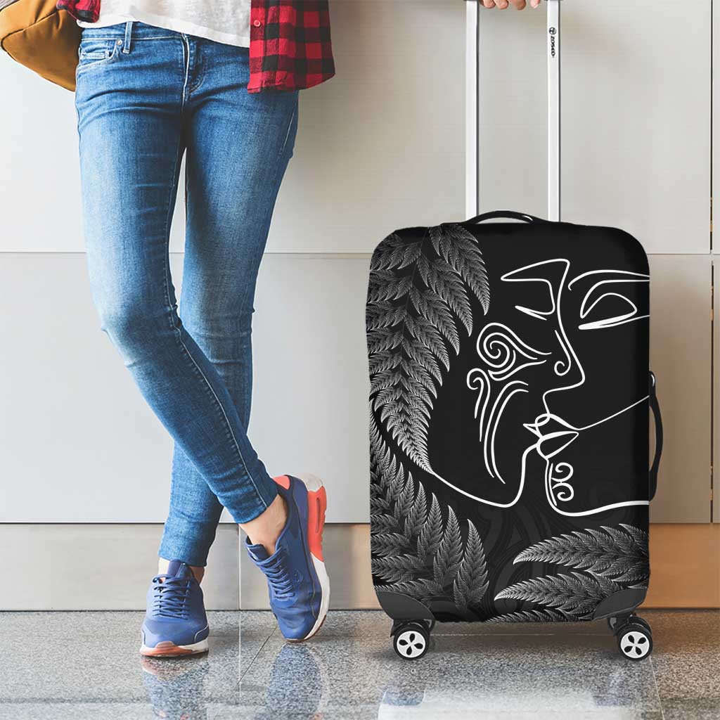 New Zealand Valentine's Day Luggage Cover Silver Fern and Line Art Love Couple LT03 - Polynesian Pride