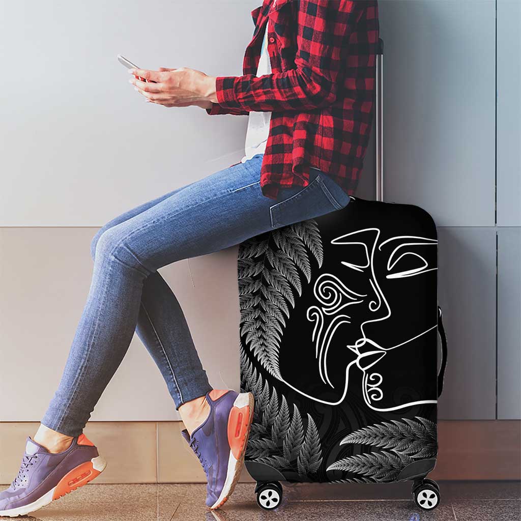 New Zealand Valentine's Day Luggage Cover Silver Fern and Line Art Love Couple LT03 - Polynesian Pride