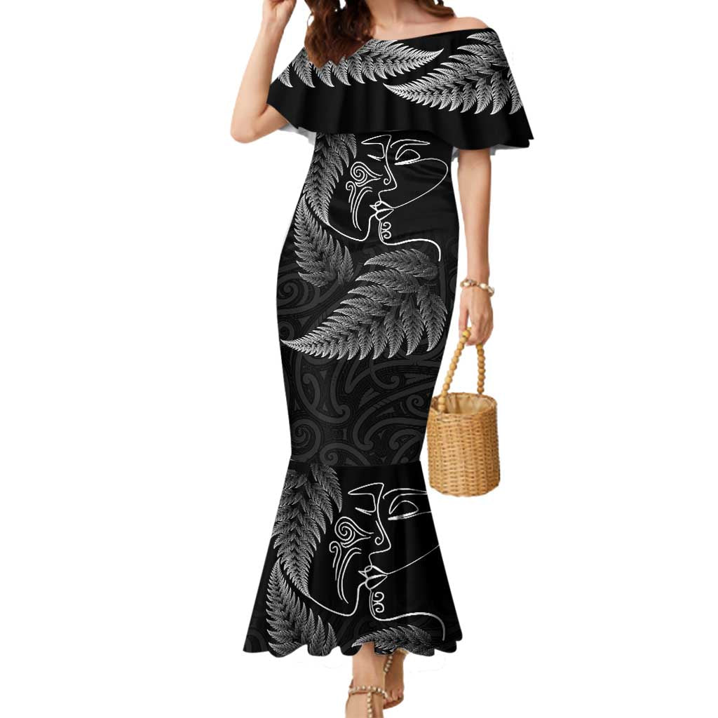 New Zealand Valentine's Day Mermaid Dress Silver Fern and Line Art Love Couple LT03 Women Black - Polynesian Pride
