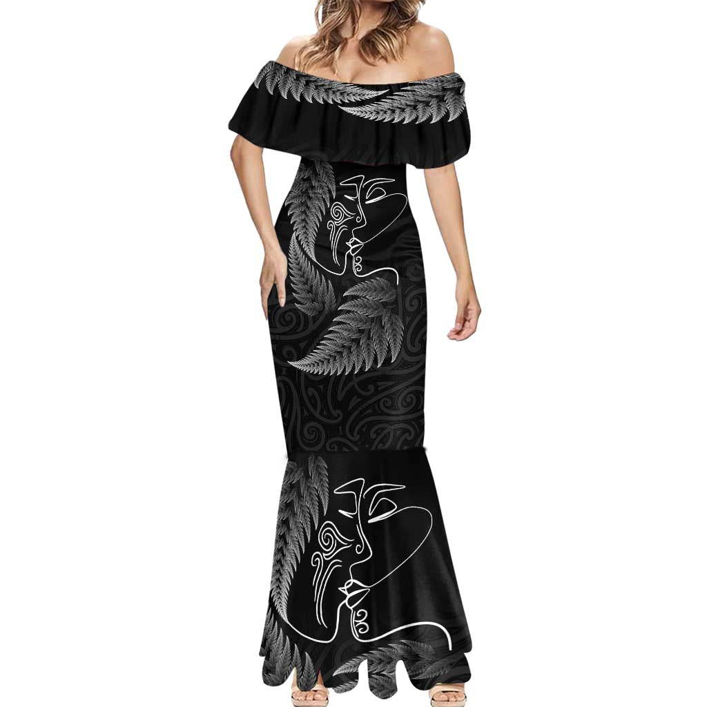 New Zealand Valentine's Day Mermaid Dress Silver Fern and Line Art Love Couple LT03 - Polynesian Pride