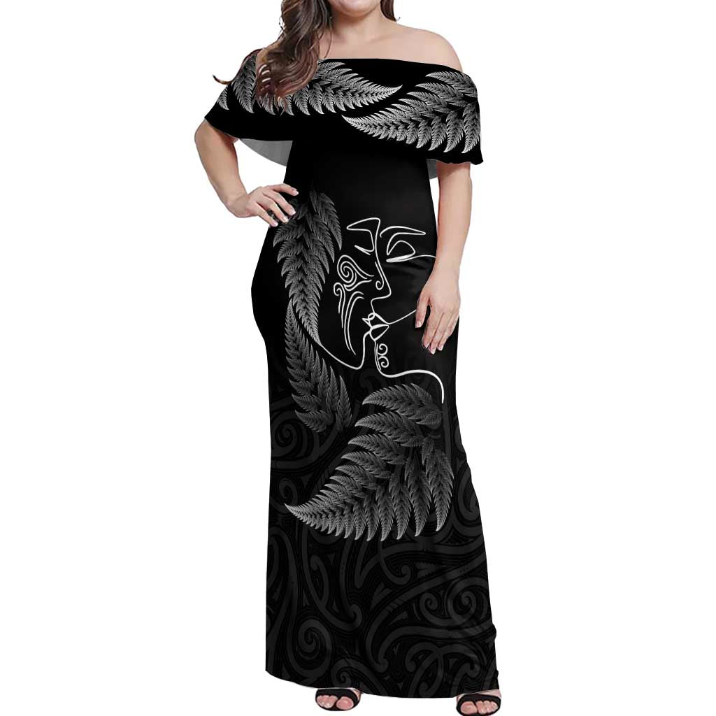 New Zealand Valentine's Day Off Shoulder Maxi Dress Silver Fern and Line Art Love Couple LT03 Women Black - Polynesian Pride