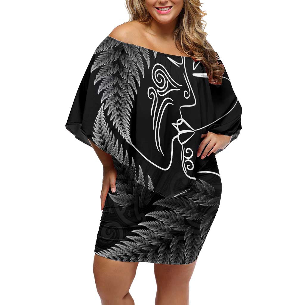 New Zealand Valentine's Day Off Shoulder Short Dress Silver Fern and Line Art Love Couple LT03 Women Black - Polynesian Pride