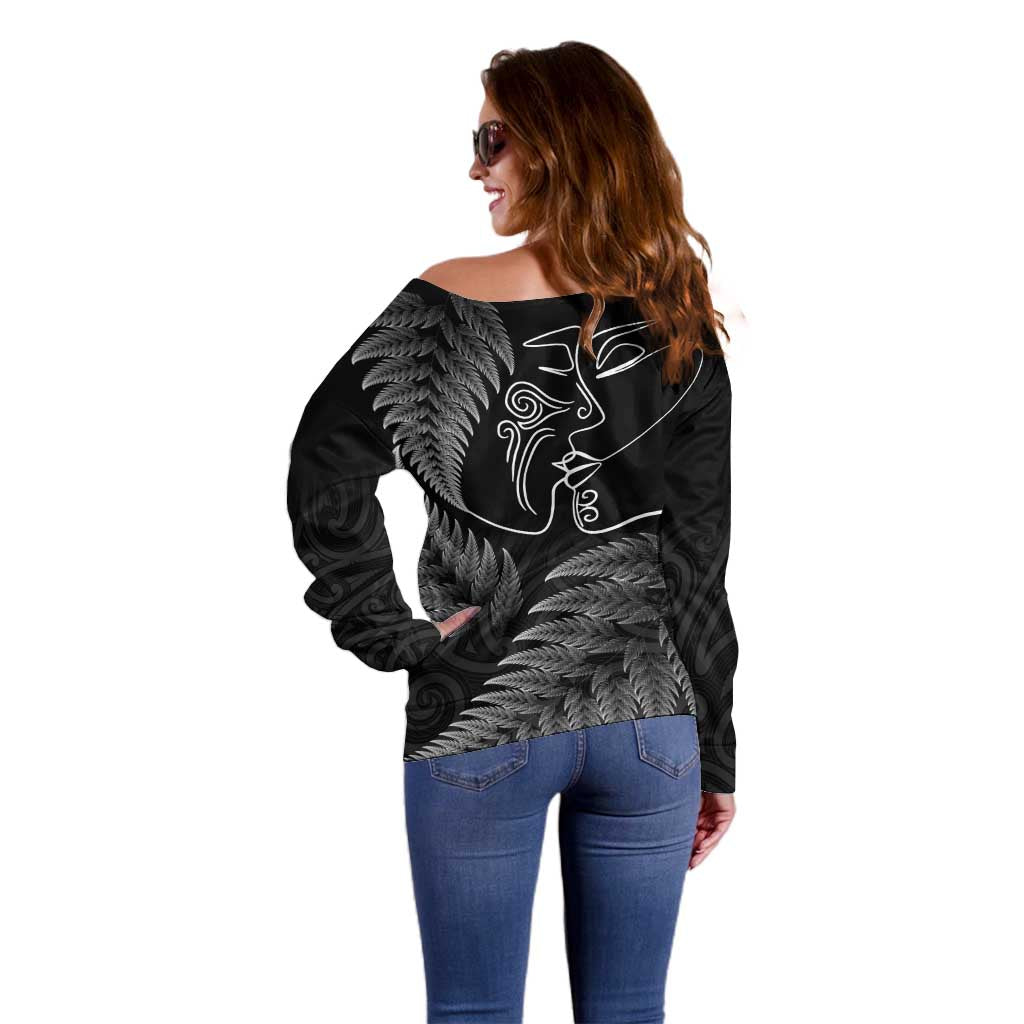 New Zealand Valentine's Day Off Shoulder Sweater Silver Fern and Line Art Love Couple LT03 - Polynesian Pride