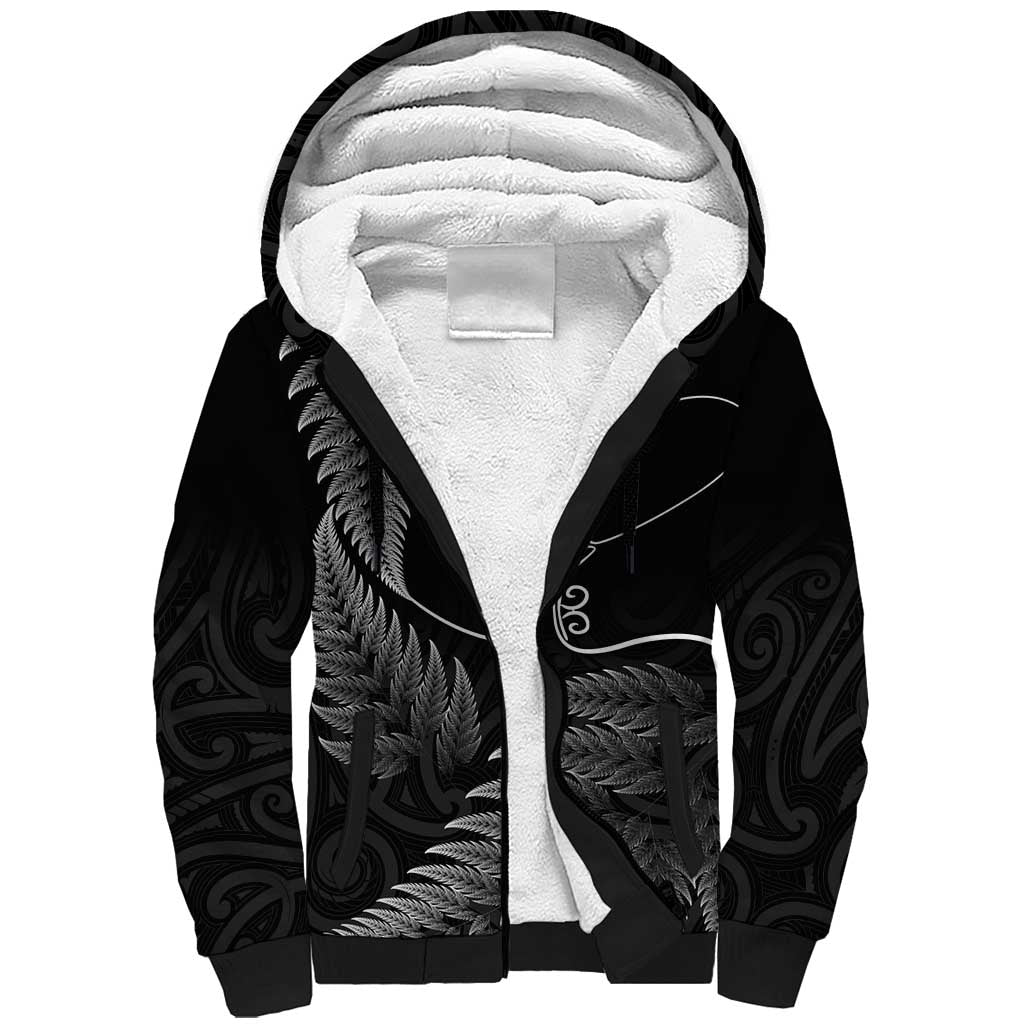 New Zealand Valentine's Day Sherpa Hoodie Silver Fern and Line Art Love Couple LT03 Unisex Black - Polynesian Pride