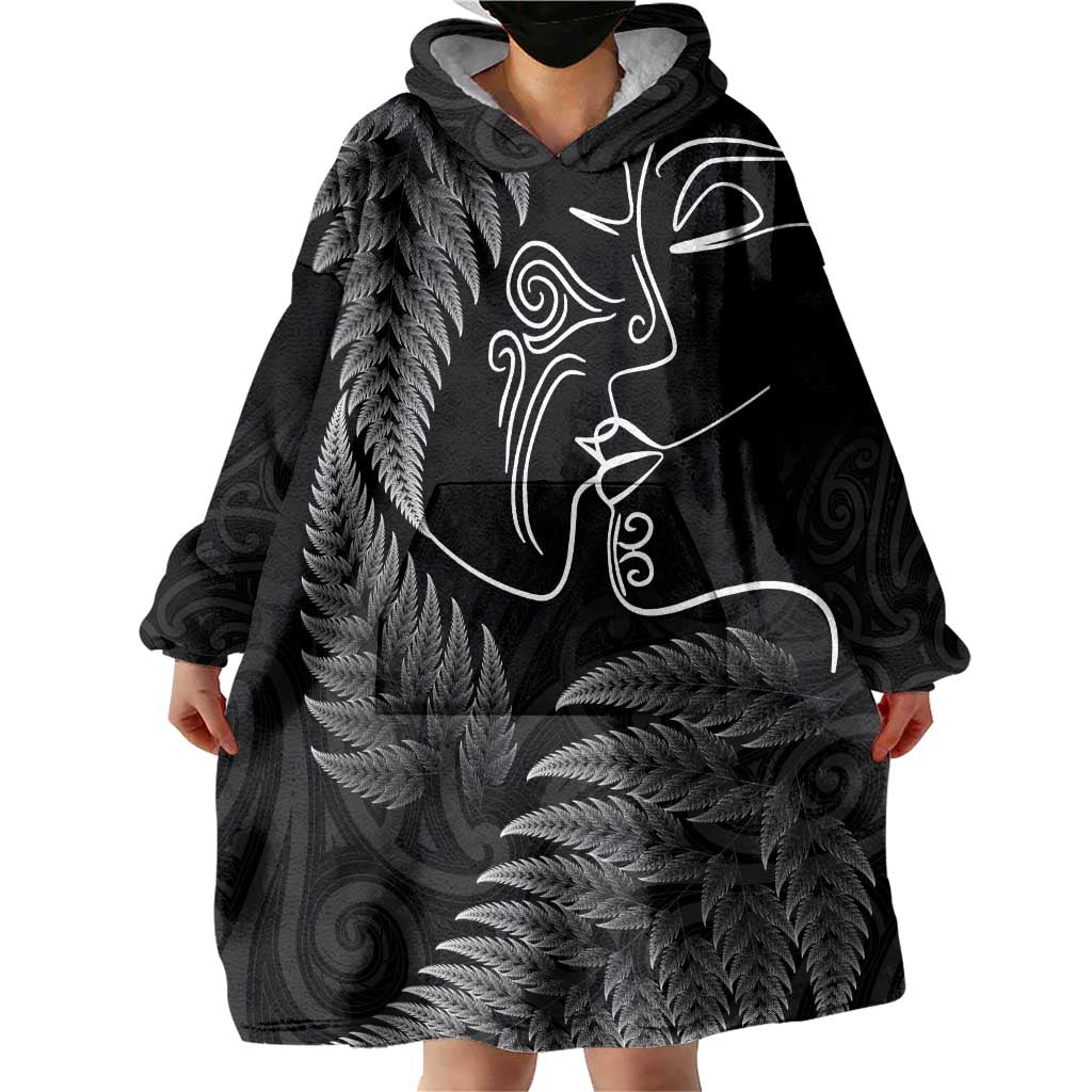 New Zealand Valentine's Day Wearable Blanket Hoodie Silver Fern and Line Art Love Couple LT03 - Polynesian Pride