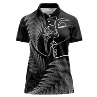 New Zealand Valentine's Day Women Polo Shirt Silver Fern and Line Art Love Couple LT03 Female Black - Polynesian Pride