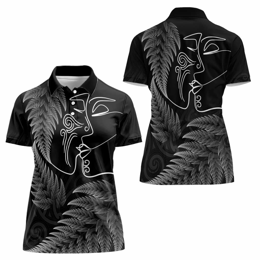 New Zealand Valentine's Day Women Polo Shirt Silver Fern and Line Art Love Couple LT03 - Polynesian Pride