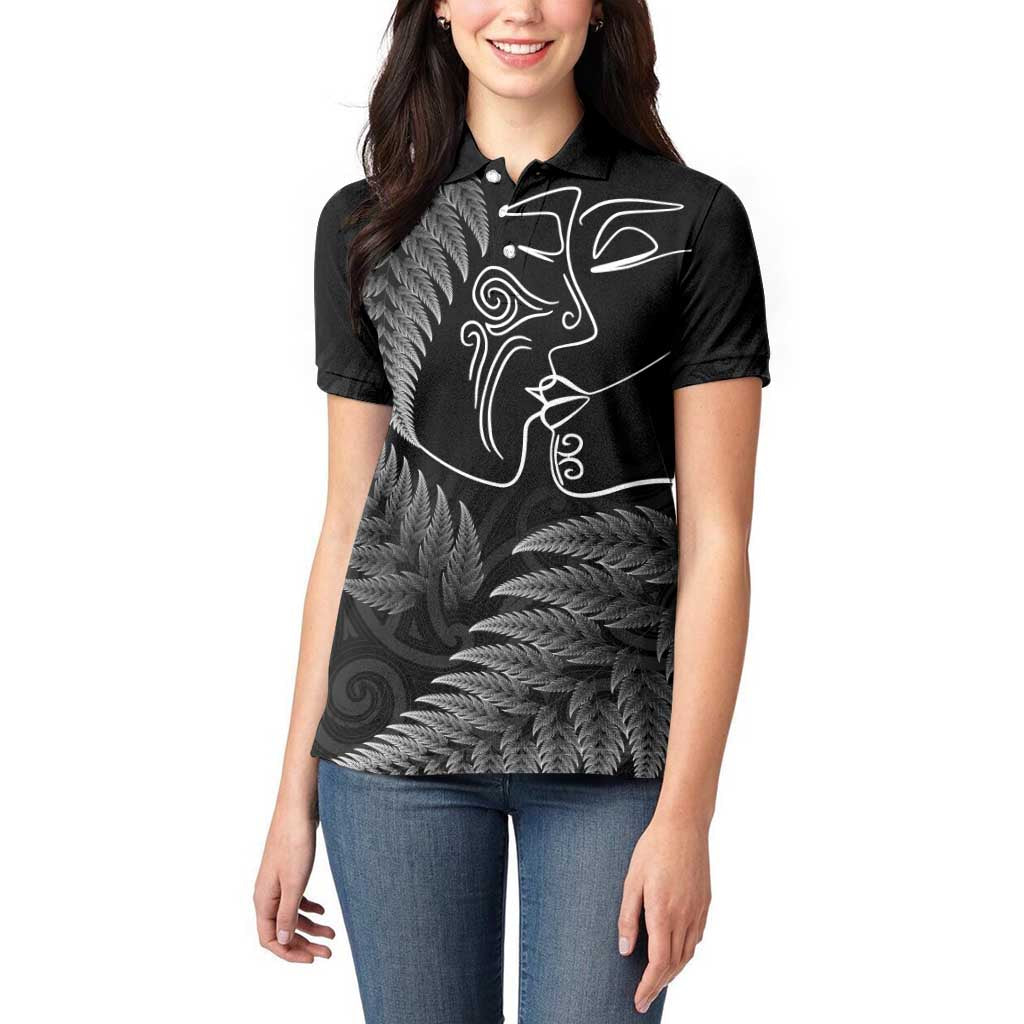 New Zealand Valentine's Day Women Polo Shirt Silver Fern and Line Art Love Couple LT03 - Polynesian Pride