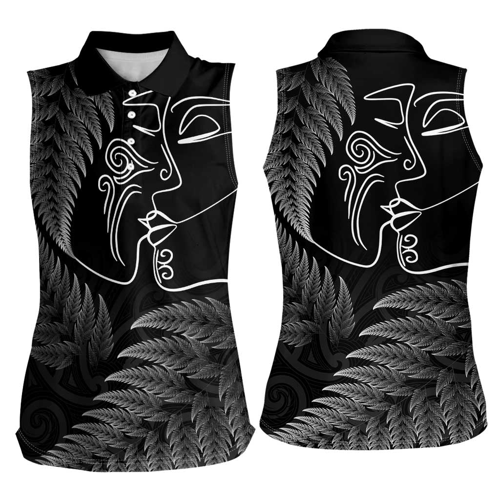 New Zealand Valentine's Day Women Sleeveless Polo Shirt Silver Fern and Line Art Love Couple
