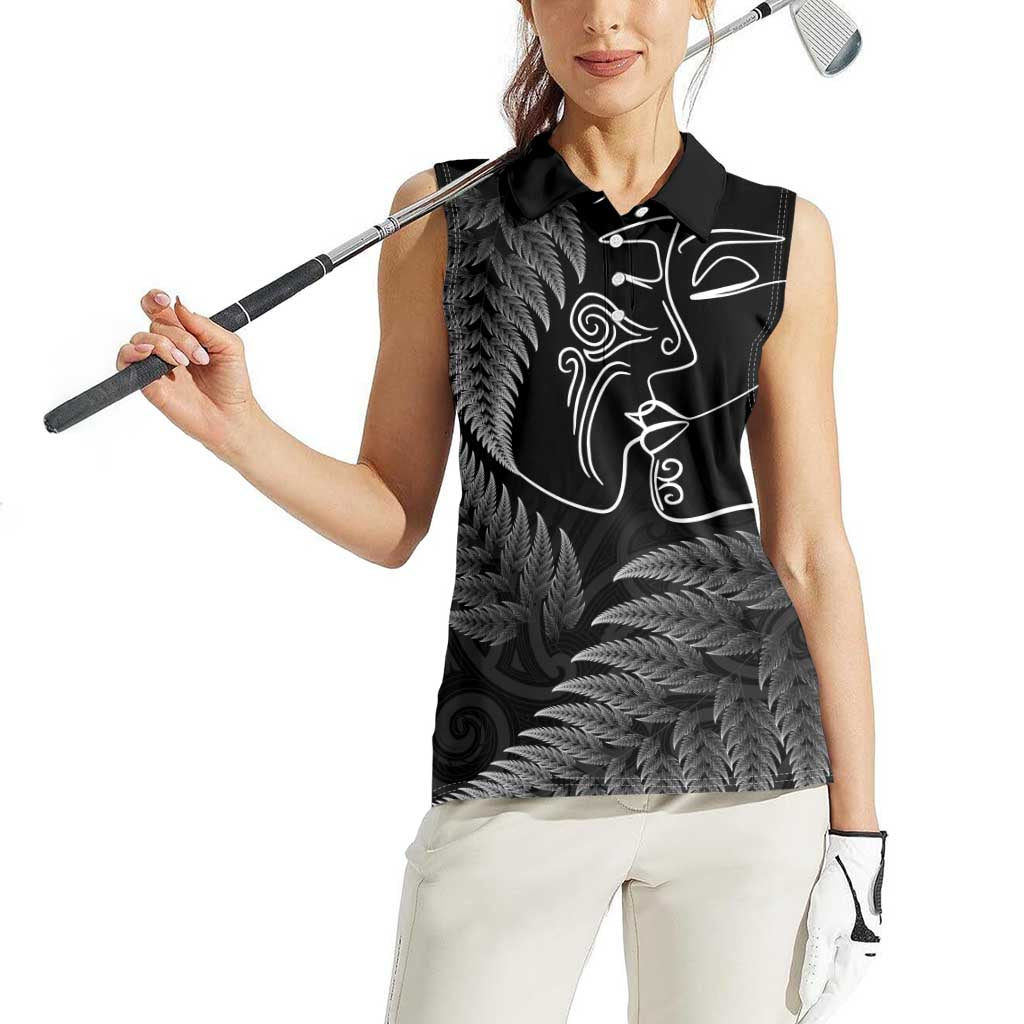 New Zealand Valentine's Day Women Sleeveless Polo Shirt Silver Fern and Line Art Love Couple