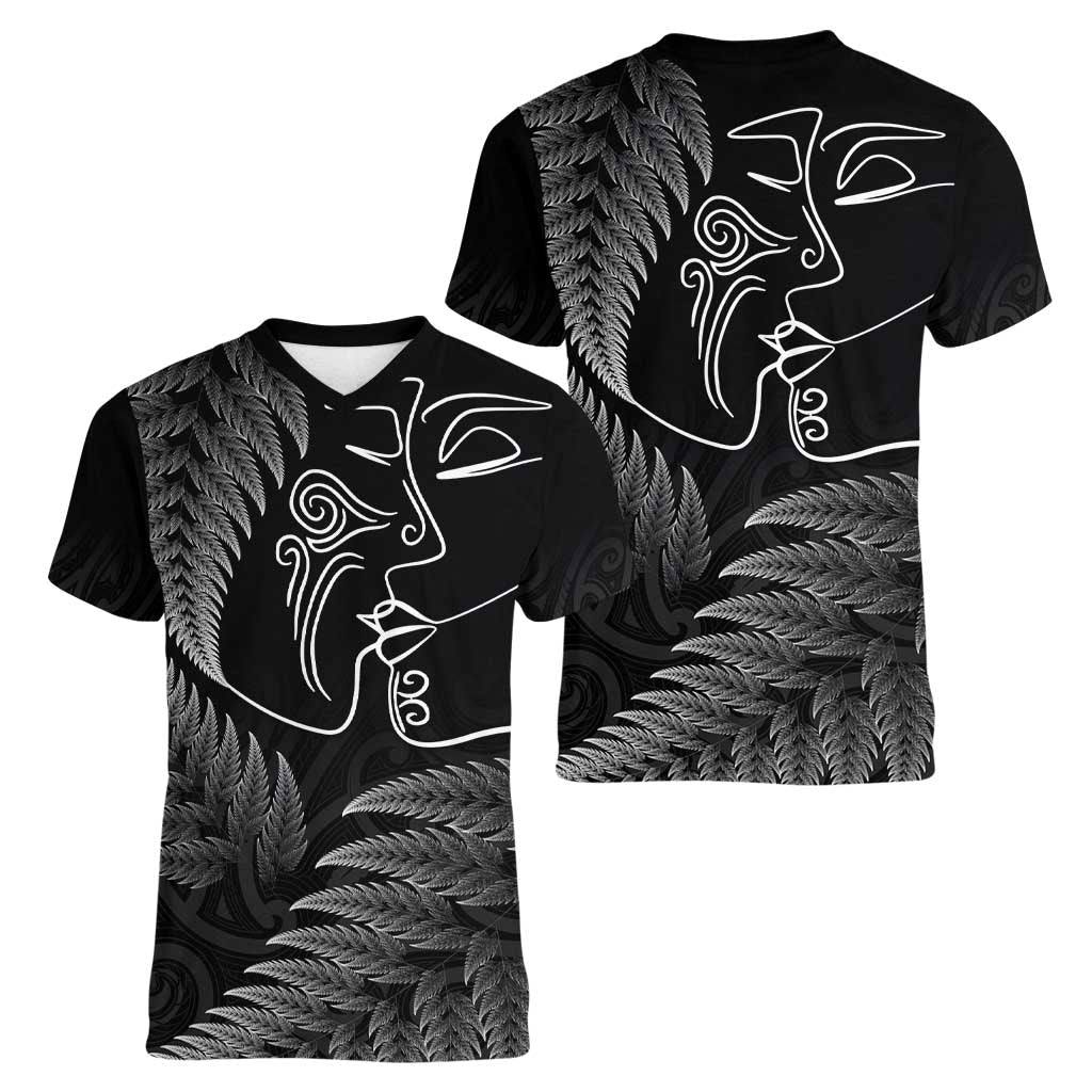 New Zealand Valentine's Day Women V-Neck T-Shirt Silver Fern and Line Art Love Couple
