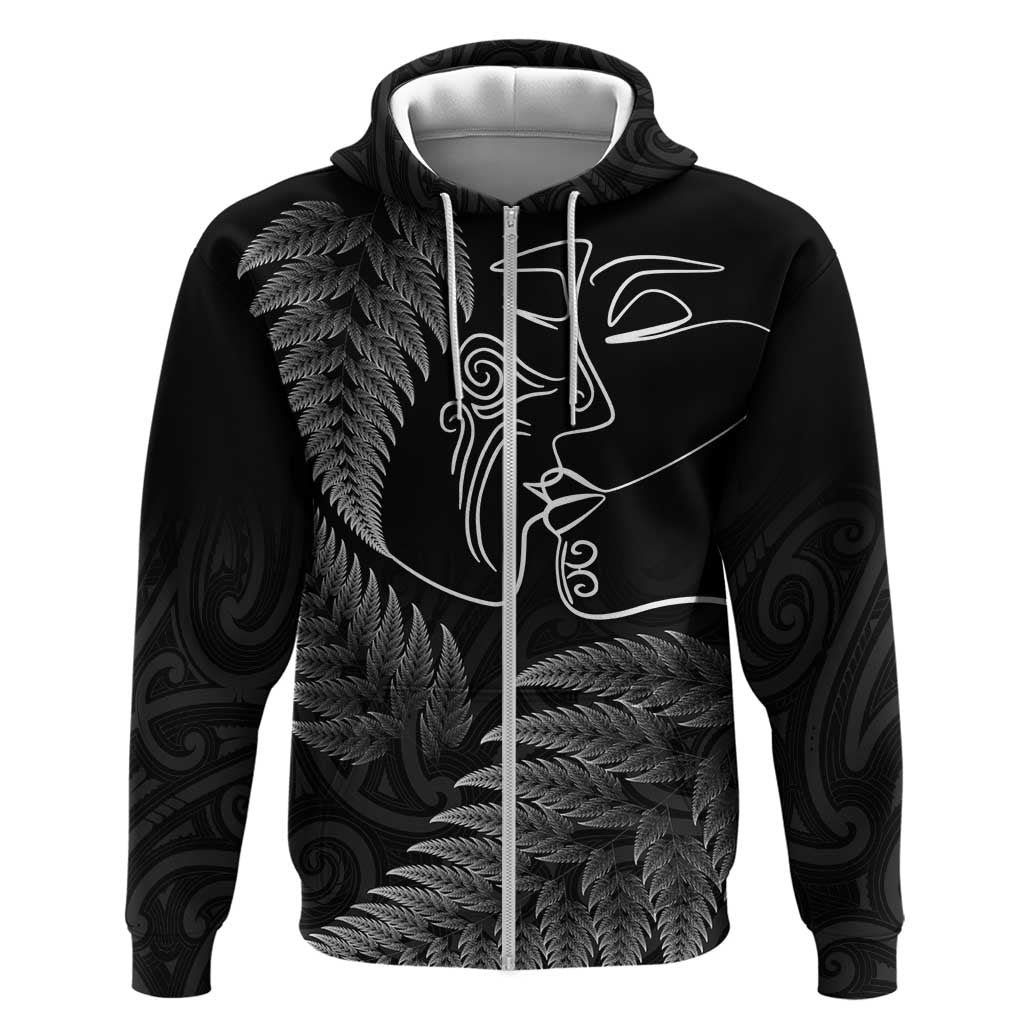 New Zealand Valentine's Day Zip Hoodie Silver Fern and Line Art Love Couple LT03 Zip Hoodie Black - Polynesian Pride