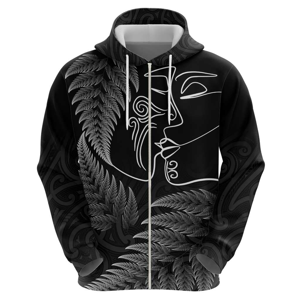 New Zealand Valentine's Day Zip Hoodie Silver Fern and Line Art Love Couple LT03 - Polynesian Pride