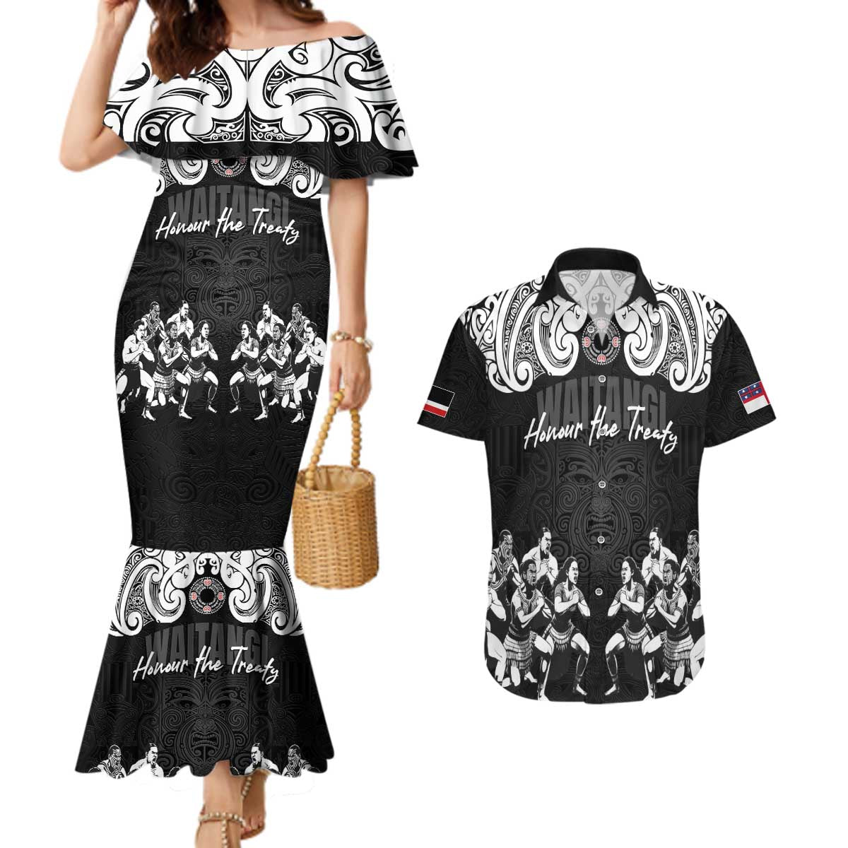 Aotearoa Waitangi Day - Toitu Te Tiriti Couples Matching Mermaid Dress and Hawaiian Shirt New Zealand Honour the Treaty LT03 Black - Polynesian Pride